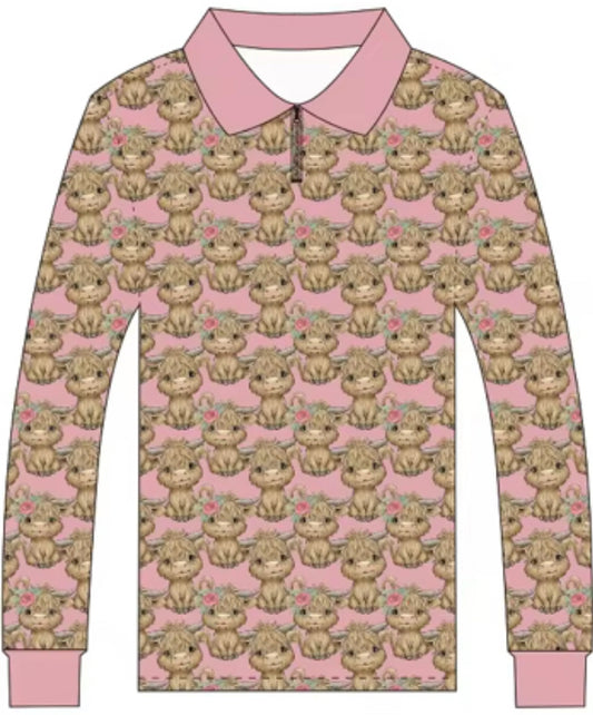 Rosy Ruffles Highland Cow Fishing Shirt