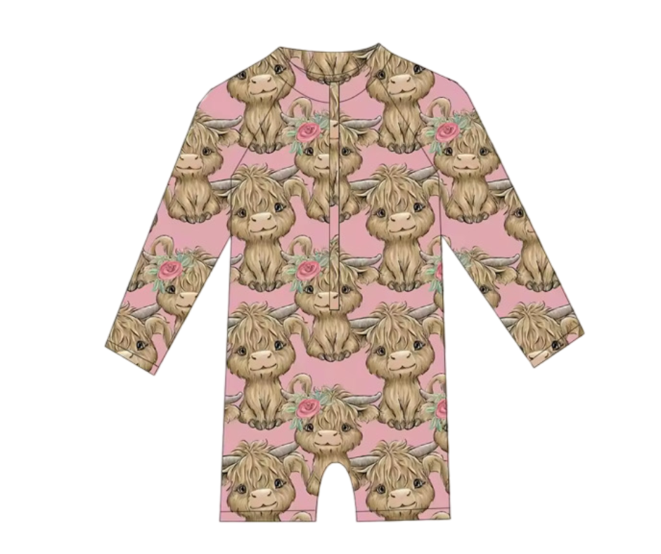 Rosy Ruffles Highland Cow Swimsuit